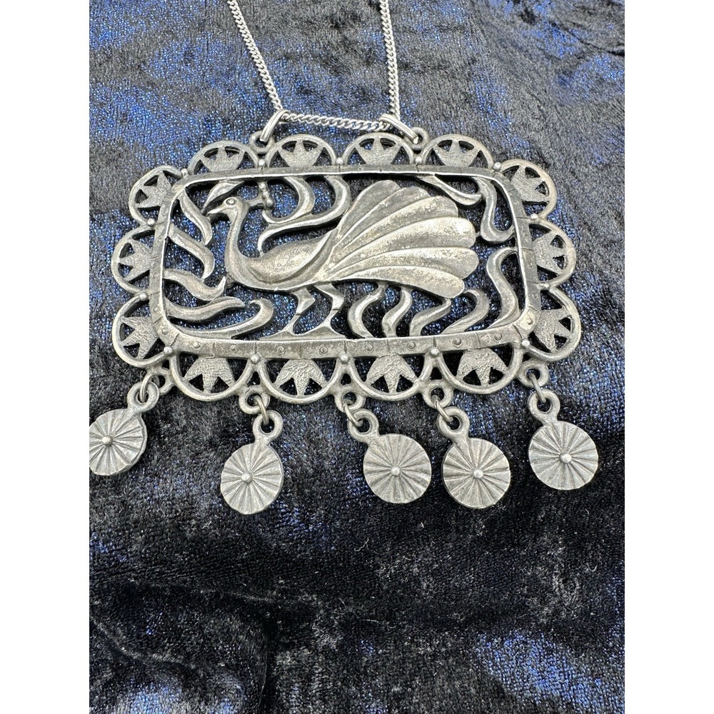 VTG MCM Silvertone Large Peacock Bird Statement Necklace w/ Dangles